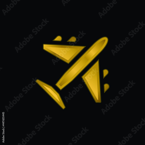 Airplane gold plated metalic icon or logo vector