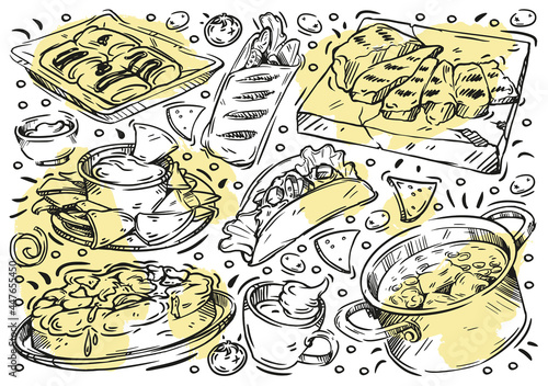 Hand drawn line vector illustration food. Doodle Mexican cuisine: grilled meat, classic tres leches cake, pico de gallo, taco, burrito, salsa, nachos, coffee, sauce, pancakes, shawarma, vegetable stew