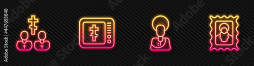 Set line Jesus Christ, Priest, Online church pastor preaching and Christian icon. Glowing neon icon. Vector