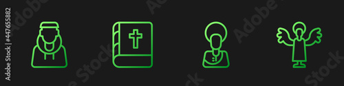 Set line Jesus Christ, Monk, Holy bible book and Angel. Gradient color icons. Vector