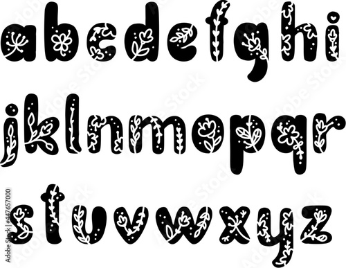 Vintage floral bold Letters alphabet logo spring. Classic lowercase abc Summer Letter. Design Vector with Black Color and Floral Hand Drawn with monoline white strokes