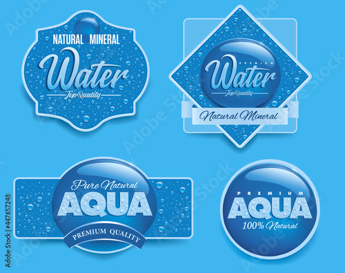 water packaging label with many water drops on blue background	
