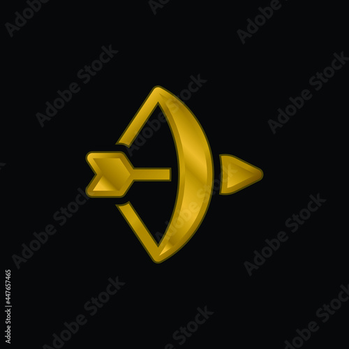 Bow And Arrow gold plated metalic icon or logo vector