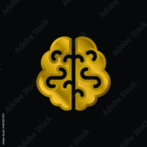 Brain gold plated metalic icon or logo vector