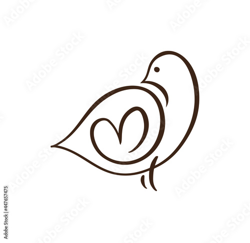 Vector Love dove with heart logo design template icon. pigeon carrying heart in doodle style. line art bird