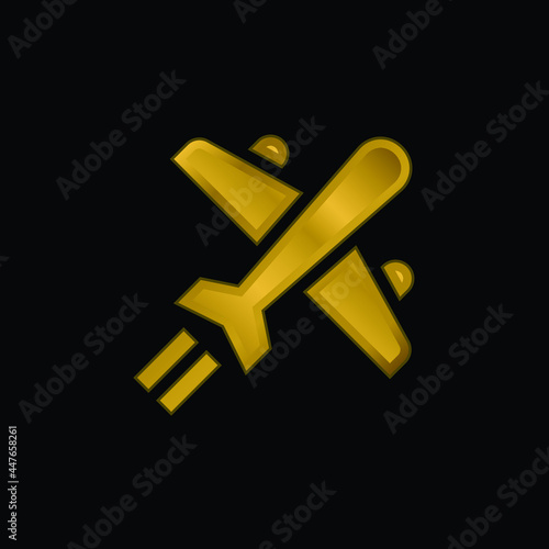 Airplane gold plated metalic icon or logo vector