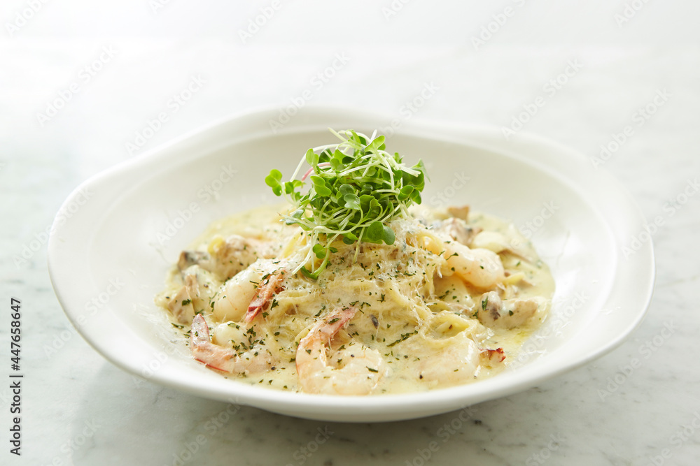 Creamy seafood pasta on a plate 