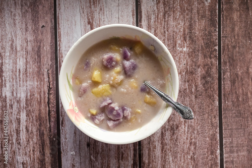 Binignit, a Visayan dessert soup from the central Philippines. Made with glutinous rice, coconut milk, saba bananas, taro and sweet potatoes. photo