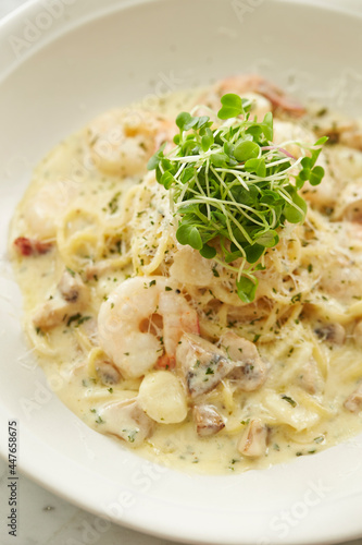 Creamy seafood pasta on a plate 