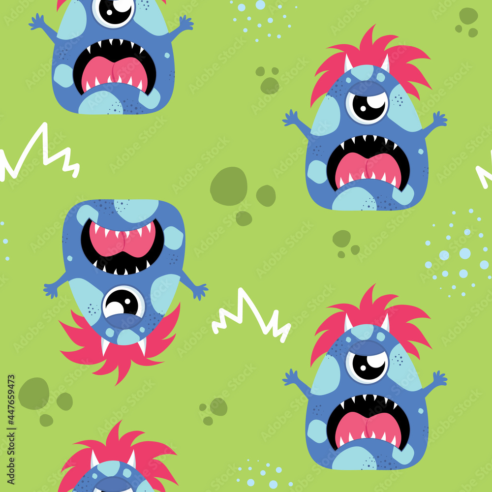 Colorful vector seamless pattern with funny monsters. Halloween pattern with colorful background 
