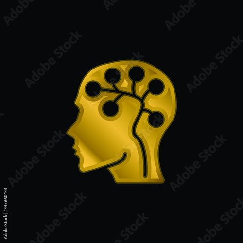Brain gold plated metalic icon or logo vector