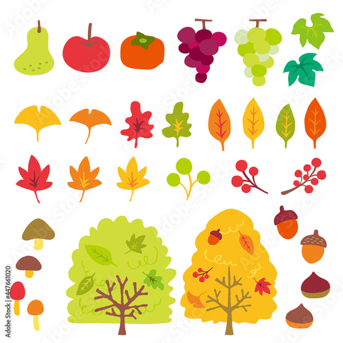秋の食べ物と植物のイラストパーツ