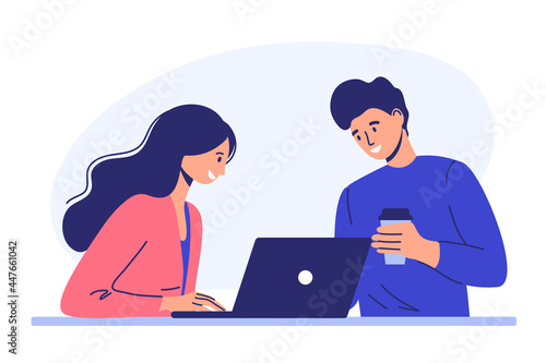 vector illustration, teamwork, online promotion. remote work manager, search for new solution ideas, teamwork in the company, brainstorming vector
