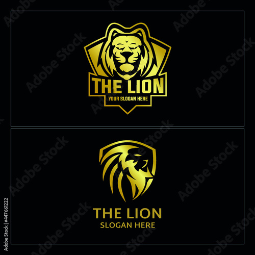 Gold badge logo with head lion king shield line illustration vector design template suitable for sport training club coaching guard luxury animal strength icon wildlife