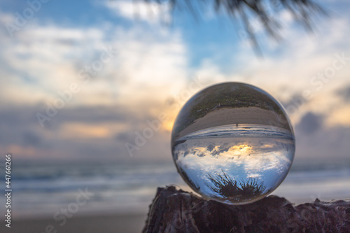 Unconventional and beautiful natural views of the sea in a magic crystal ball. Nature video High quality footage..Unique and creative travel and nature idea videos 4K clips.