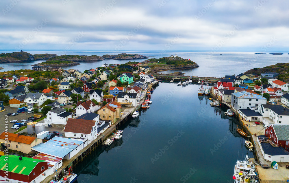 Aerial view of Henningsvaer fishing village on Lofoten islands in Norway
