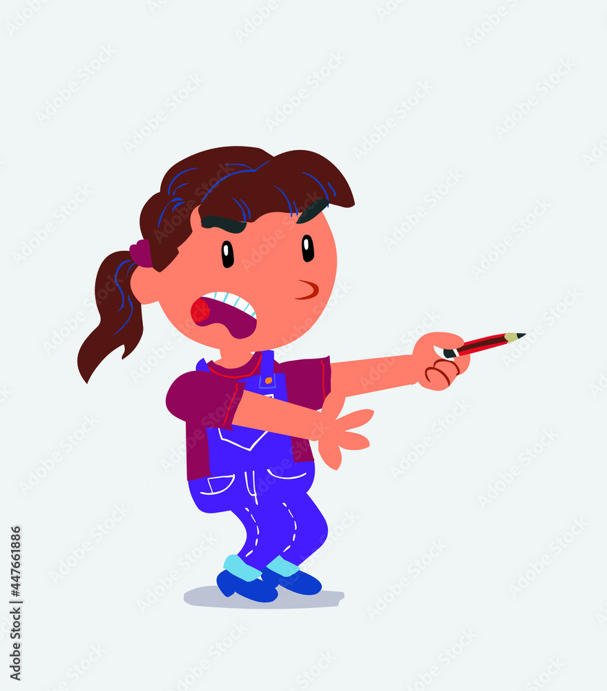 angry cartoon character of little girl on jeans with pencil points to the side. angry cartoon character of little girl on jeans with pencil points to the side.