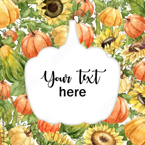 Autumn harvest card template. Pumpkin silhouette copy space. Hand painted botany on the background. Ripe pumpkins squash with blooming sunflowers. Fall wallpapers. Your text here in the middle