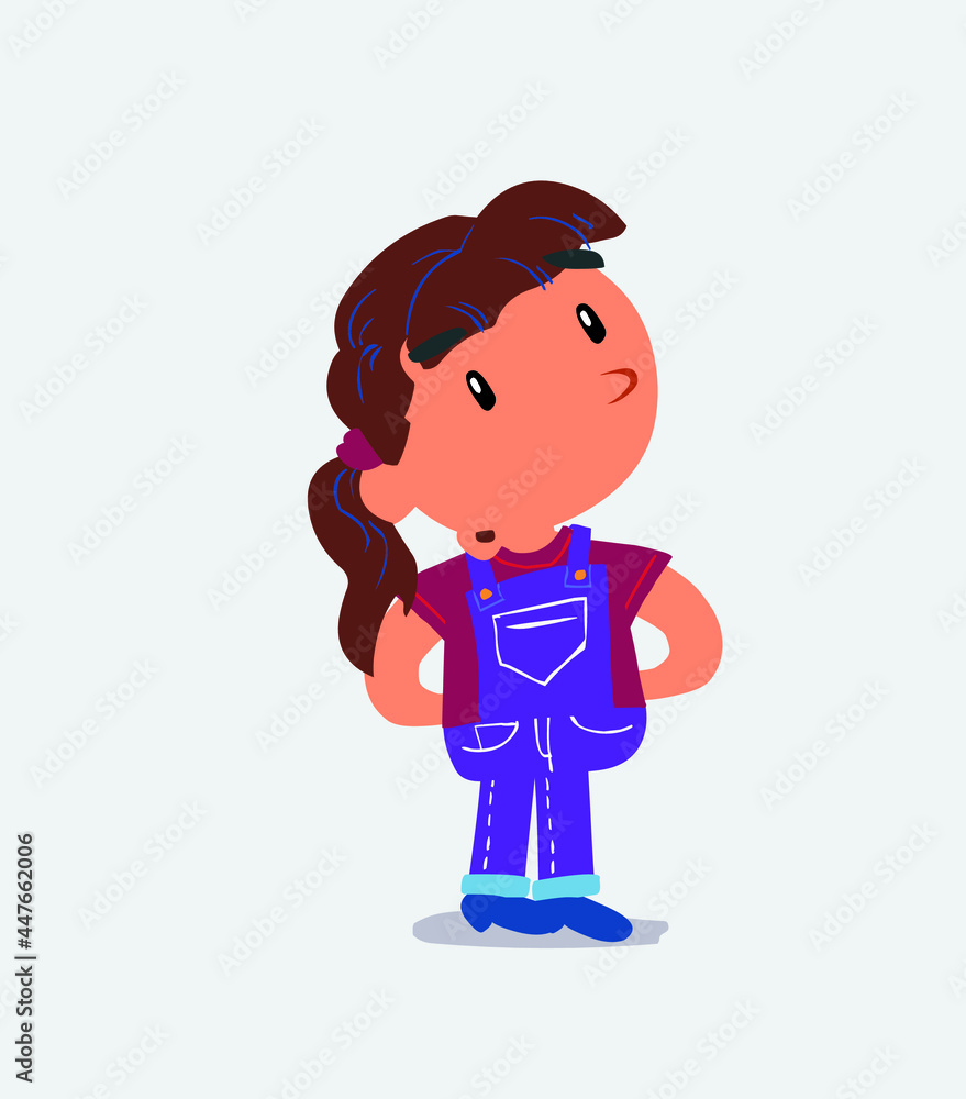 cartoon character of little girl on jeans doubting.