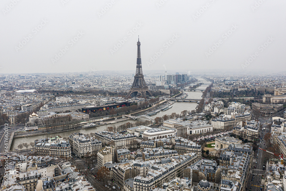 View on Eiffel tower and the river over the roofs of Paris on a grey cloudy day