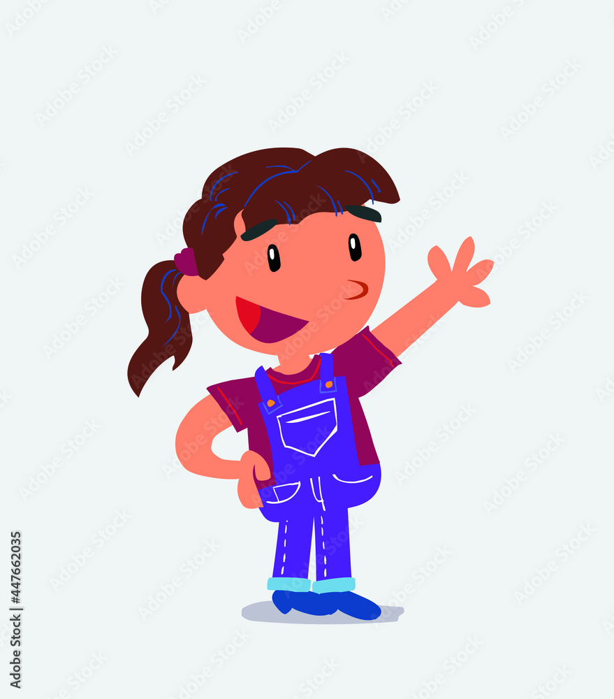 cartoon character of little girl on jeans explaining something while pointing. cartoon character of little girl on jeans explaining something while pointing.