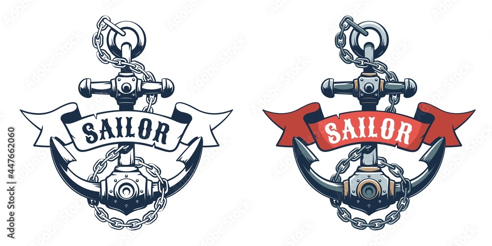 Seaman anchor retro logo. Marine tattoo with vintage anchor. Vector  illustration. Stock Vector