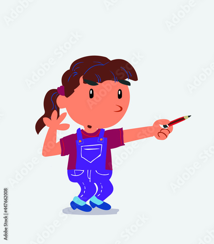 cartoon character of little girl on jeans doubts while pointing to the side with a pencil.
