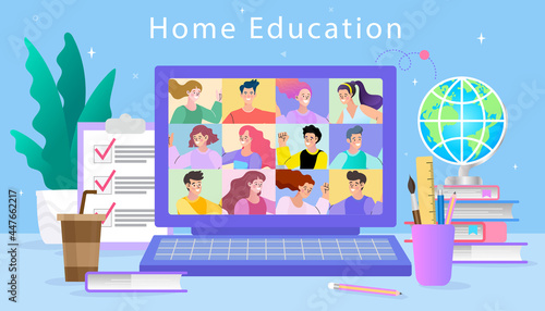 Online education concept. video conference remote working concept, work from home. learning or meeting online with teleconference. people connecting together. flat vector illustration.