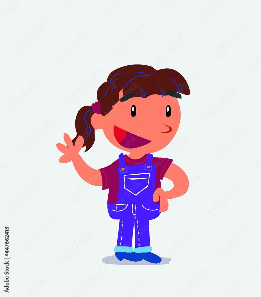 cartoon character of little girl on jeans waving happily.