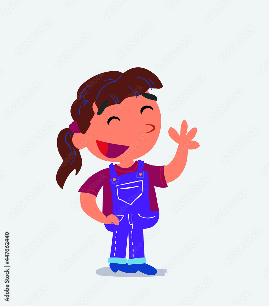 cartoon character of little girl on jeans waving informally while smiling. cartoon character of little girl on jeans waving informally while smiling.