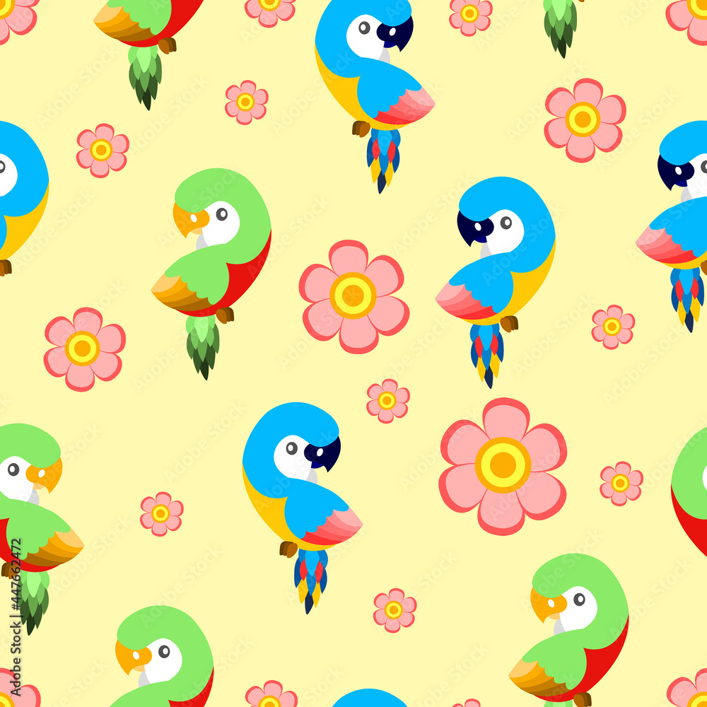 Obraz premium Seamless pattern with ara parrots and pink flowers. Blue, yellow, green, pink, red. Yellow background. Cartoon style. Cute and funny. kids post cards, stationery, wallpaper, textile, wrapping paper