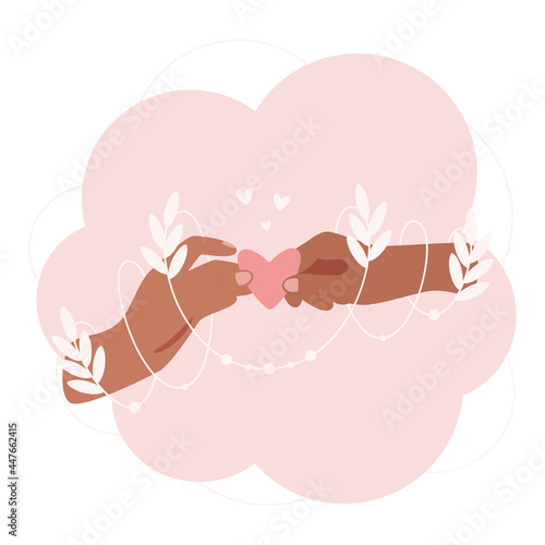 Two hands share holding a heart. An abstract leafy sprout entwines their arms. In love concept illustration.