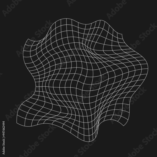 Retrofuturistic rumpled grid. Digital cyber retro design element. Liquid distorted grid in cyberpunk 80s style. Liquid geometry for poster, cover, merch in retrowave style. Vector
