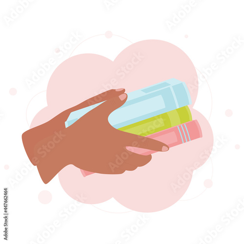 Hands holding pile of books. Literacy day concept. Reading concept. Vector illustration