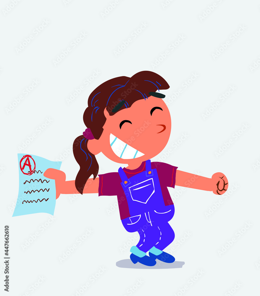 happy cartoon character of little girl on jeans rejoices with exam in hand. happy cartoon character of little girl on jeans rejoices with exam in hand.