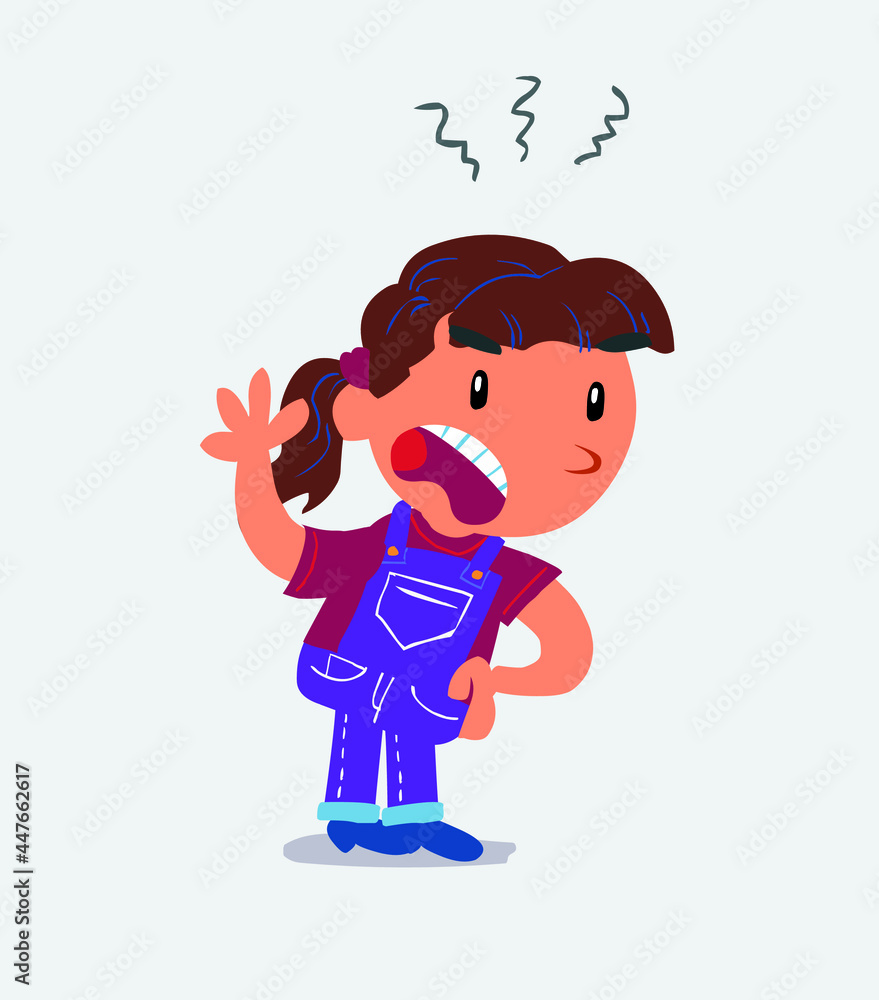 Indigned cartoon character of little girl on jeans vehemently shakes his hand. Indigned cartoon character of little girl on jeans vehemently shakes his hand.