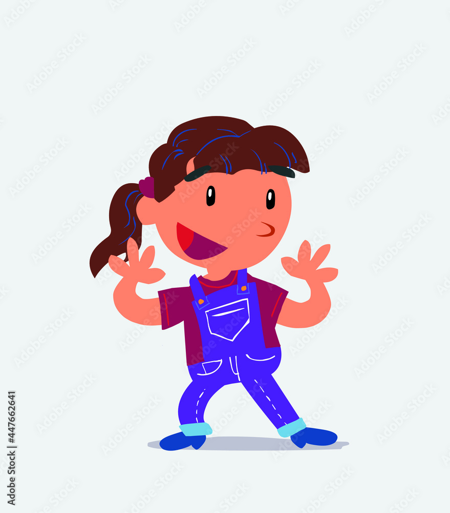 Pleasantly surprised cartoon character of little girl on jeans.