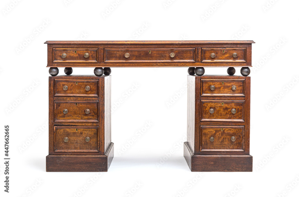 Old renovated desk with drawers and steel balls Old renovated desk with drawers and steel balls