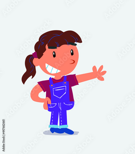 Pleased cartoon character of little girl on jeans points to something.