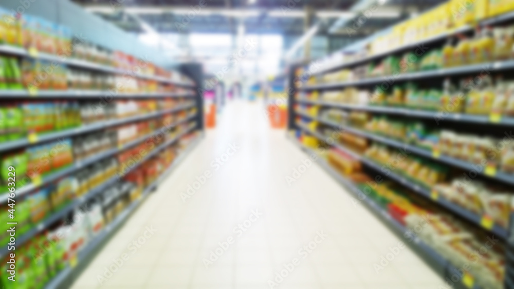 Abstract blur image of supermarket background. Defocused shelves with products. Grocery shopping. Store. Retail industry. Food quality. Rack. Discount price. Mall. Inflation and crisis concept. Aisle.