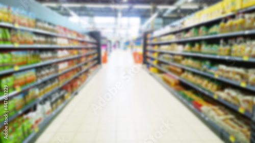 Abstract blur image of supermarket background. Defocused shelves with products. Grocery shopping. Store. Retail industry. Food quality. Rack. Discount price. Mall. Inflation and crisis concept. Aisle.