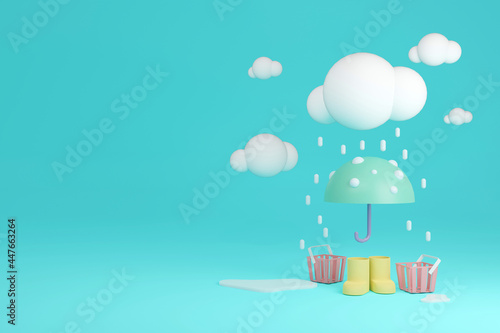 3D Rendering concept of rainy season, shopping. Rain boots with umbrella and baskets in rain on background with space for text for commercial design. Minimal pink theme. 3D Render. 3D illustration.