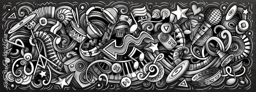 Music hand drawn cartoon doodles illustration. Graphics vector banner