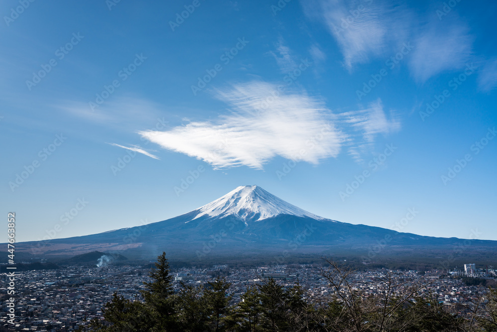 Cirrostratus clouds above Mt Fuji, Japan's highest mountain.