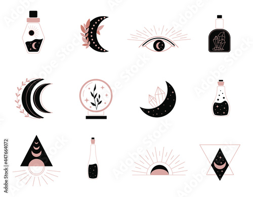 Mystical symbols. Line esoteric, boho mystical hand drawn elements, magic witchcraft crystal, eyes, moon, sun, cat. Vector illustration icons set.