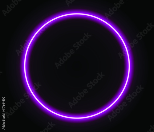 Bright neon ring light. Pink neon circle vector illustration on dark wall. Glowing circle.
