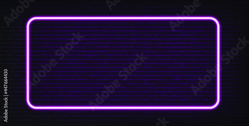 Neon pink light on brick wall vector illustration. Neon border or frame. Lights sign. Vector abstract neon background for signboard or billboard. Geometric glow outline.