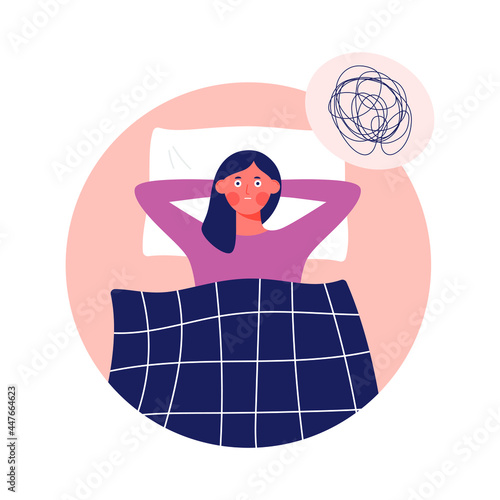 Young woman lying in bed, suffers from insomnia, thinking - Female character trying to fall asleep, having sleep problems - Vector illustration