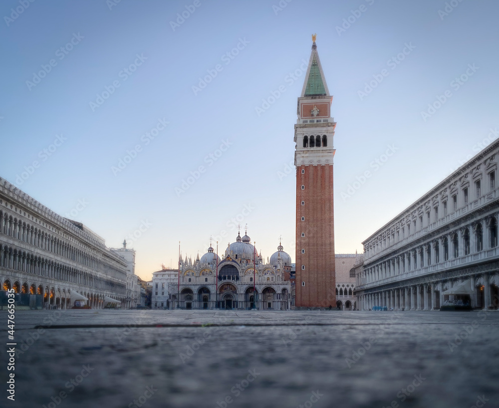 Basilica of Saint Mark and deserted San Marco Square during the crisis COVID-19