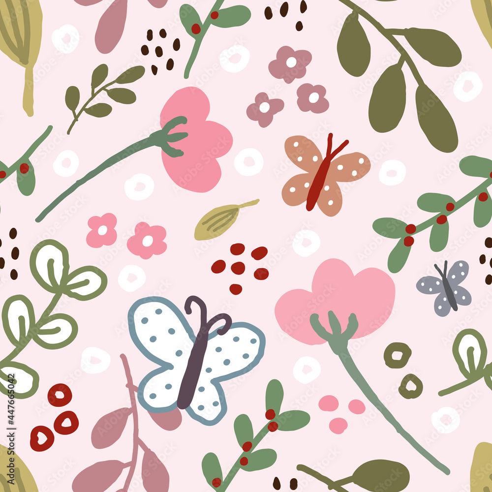 Seamless Pattern with Flower, Leaf and Butterfly Illustration Design on Light Pink Background Seamless Pattern with Flower, Leaf and Butterfly Illustration Design on Light Pink Background